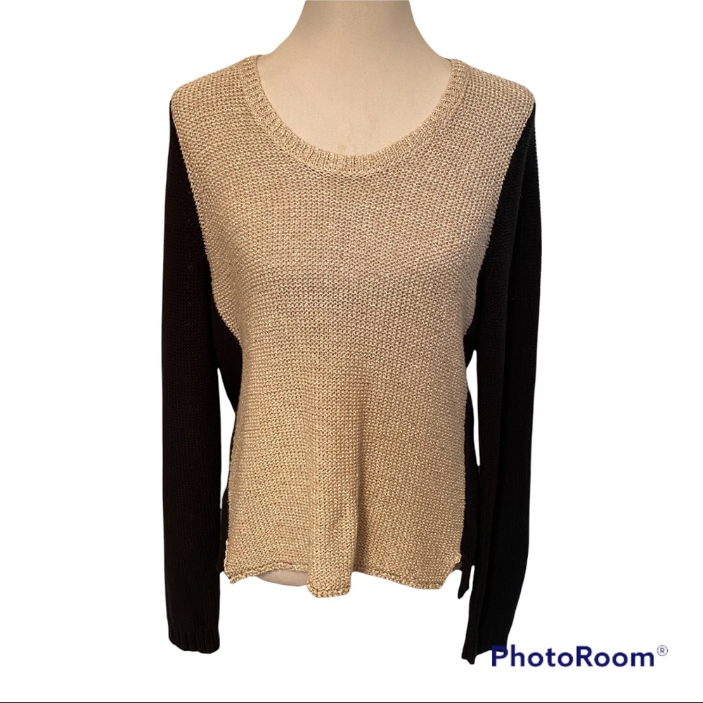 WHITE + WARREN SWEATER SCOOP NECK BLACK TAN COLOR BLOCK LONG SLEEVE SIZE M
